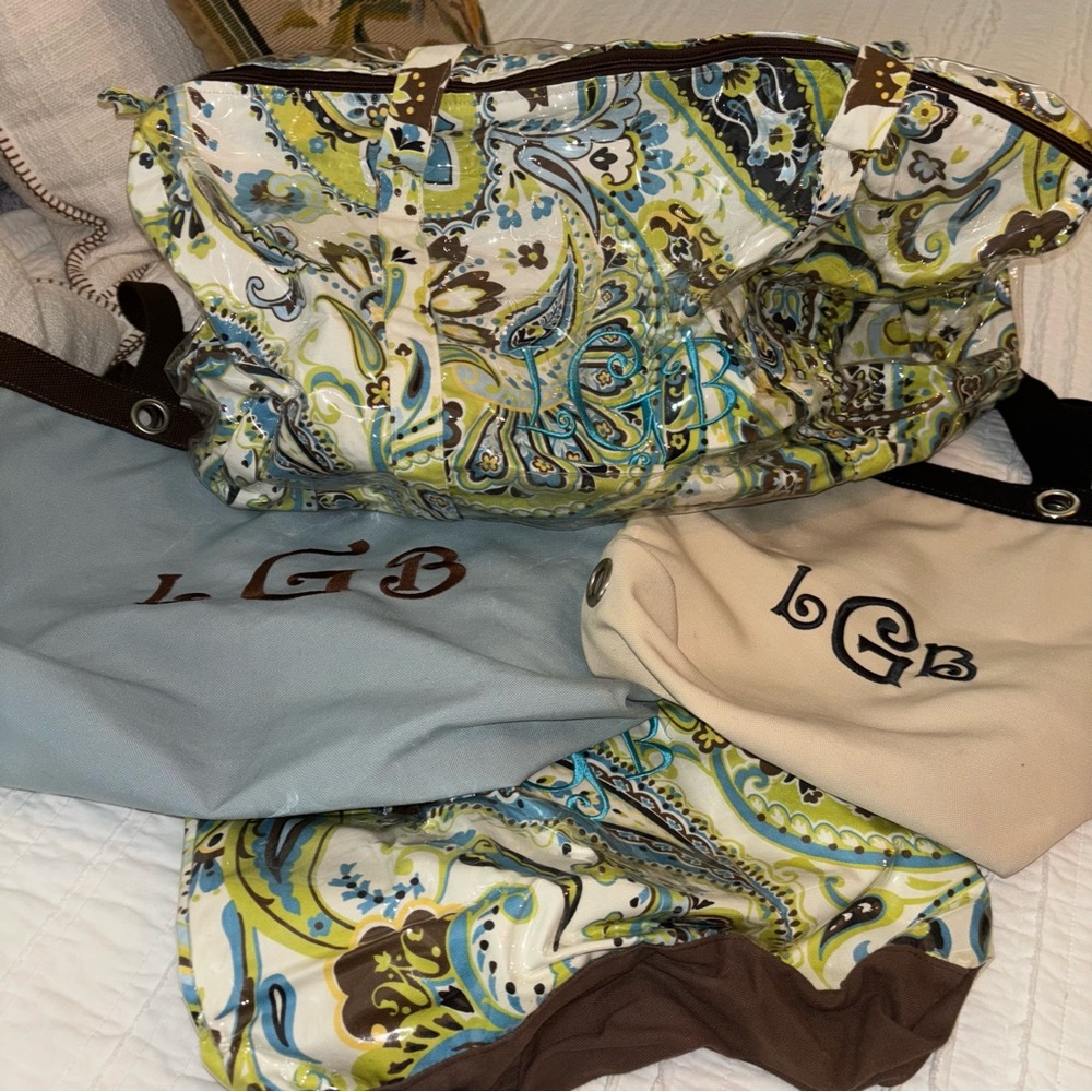 Monogrammed LBG Duffle Bag and Tote Bundle matching Paisley set blue/tan tote
